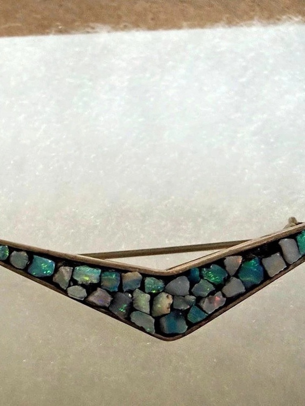 Vintage Signed Scandia Opal Mosaic Chevron Brooch
